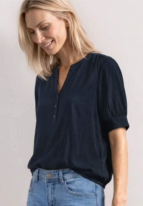 Street One - Kurzarm Bluse mit Split Neck und Elastiksaum - 346808
